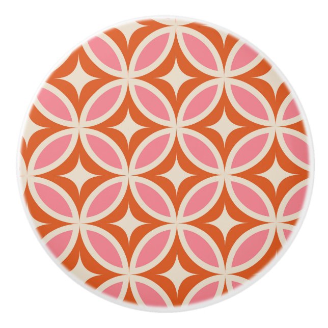 Mid century modern geometric pattern pink orange   ceramic knob (Front)