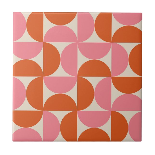 Mid century modern geometric pattern pink orange  ceramic tile (Front)