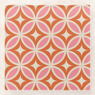Mid century modern geometric pattern pink orange  glass coaster