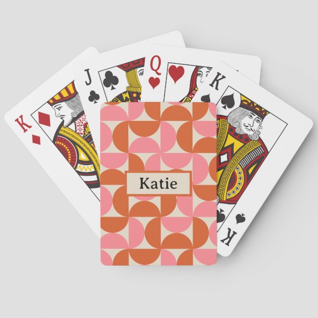 Mid century modern geometric pattern pink orange   playing cards (Back)