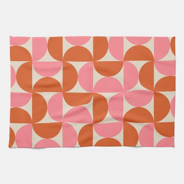 Mid century modern geometric pattern pink orange  tea towel (Horizontal)