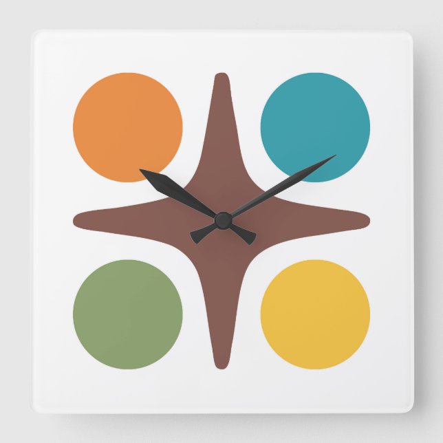 Mid Century Modern Geometric Starburst Design Square Wall Clock (Front)