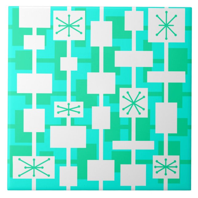 Mid Century Modern Geometric Turquoise Ceramic Tile (Front)
