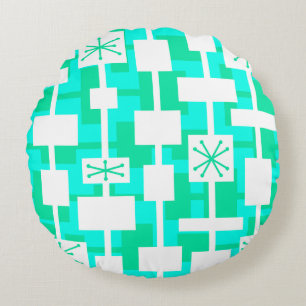 Mid Century Modern Geometric Turquoise Round Cushion
