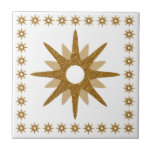 Mid-Century Modern Gold Starburst Design Ceramic Tile<br><div class="desc">Mid-century modern inspired design a vintage retro gold starburst on a white background, framed by a border of smaller starbursts. Simple, clean modern seamless design. Create your own custom pattern by using the fields provided, or use the "message" button to contact the designer for help. To create your own design:...</div>