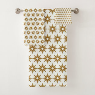Mid-Century Modern Gold Starburst Pattern Bath Towel Set