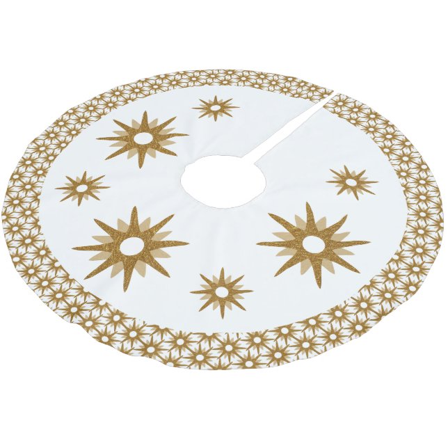 Mid-Century Modern Gold Starburst Patterned Border Brushed Polyester Tree Skirt (Angled)