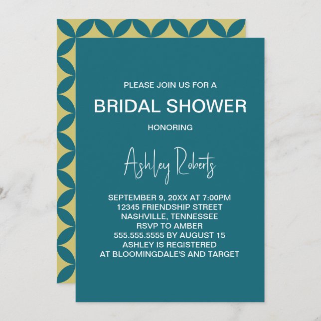 Mid-Century Modern Gold & Teal Mod Bridal Shower Invitation (Front/Back)