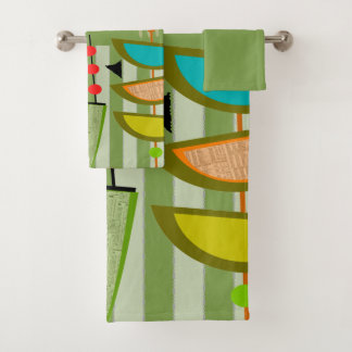 Mid-Century Modern Green Abstract  Bath Towel Set