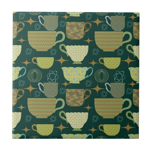Mid Century Modern Green Teacup Ceramic Tile (Front)