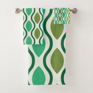 Mid Century Modern Green Teal Ogee pattern  Bath Towel Set