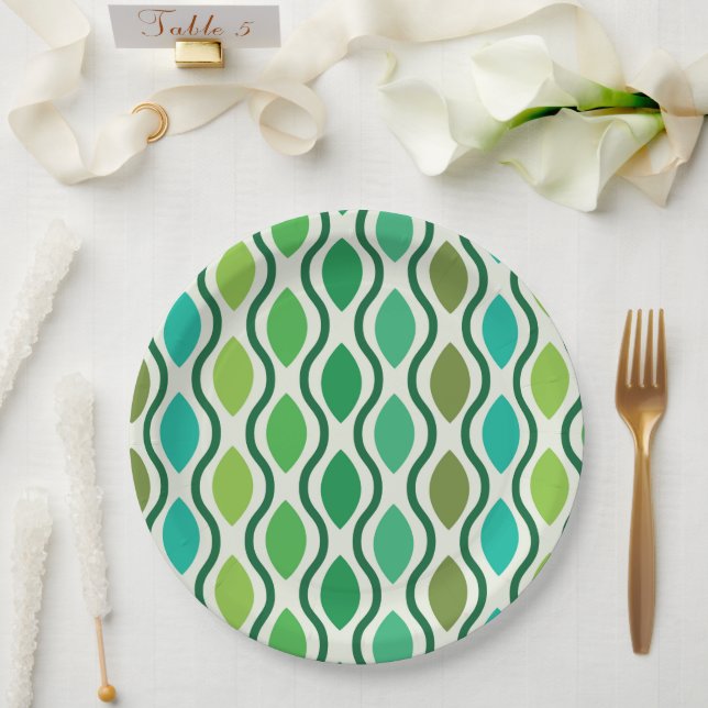 Mid Century Modern Green Teal Ogee pattern  Paper Plate (Wedding)