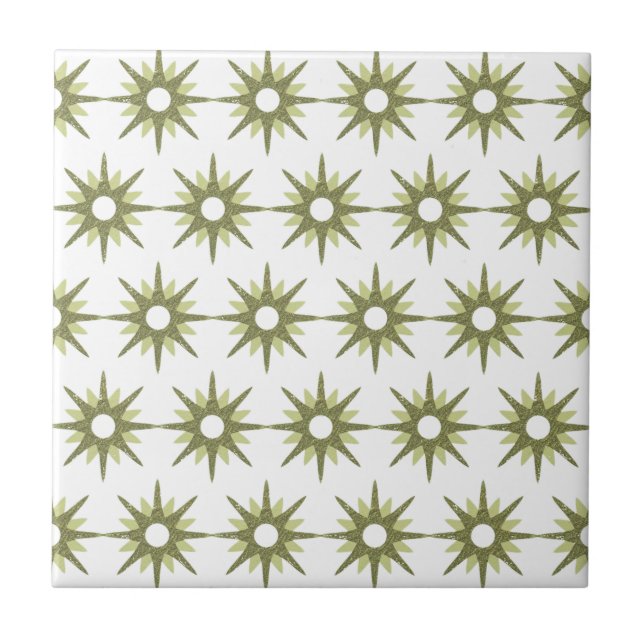 Mid-Century Modern Green & White Starburst Pattern Ceramic Tile (Front)