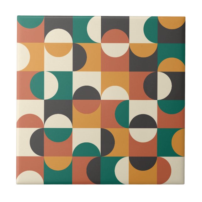 Mid Century Modern Half circles green and orange Ceramic Tile (Front)