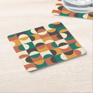 Mid Century Modern Half circles green and orange Square Paper Coaster