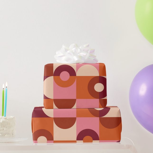 Mid Century Modern Half Circles Pink Brown Orange  Wrapping Paper (Party Gifts)