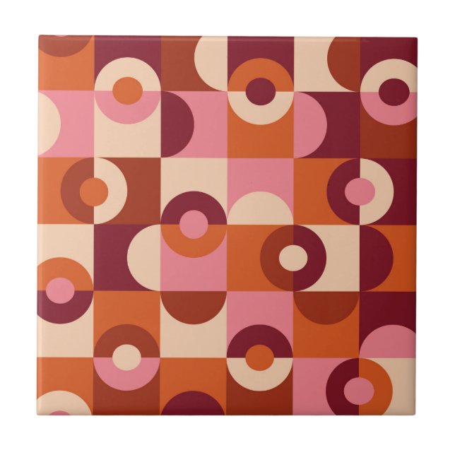 Mid Century Modern Half Circles Pink orange Ceramic Tile (Front)