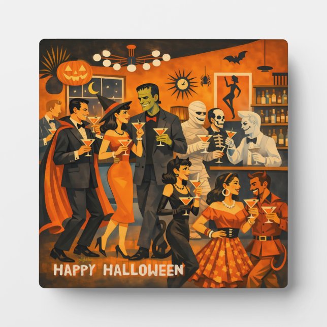 Mid Century Modern Halloween Martini Party Plaque (Front)