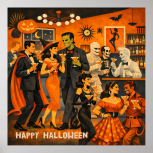 Mid Century Modern Halloween Martini Party Poster