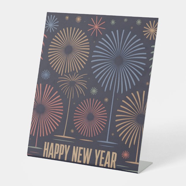 Mid-Century Modern "Happy New Year" Illustration Pedestal Sign (Front)