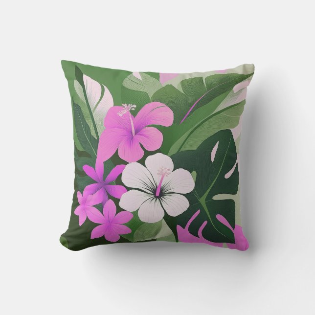 Mid-Century Modern Hawaiian Hibiscus and Plumeria  Cushion (Front)