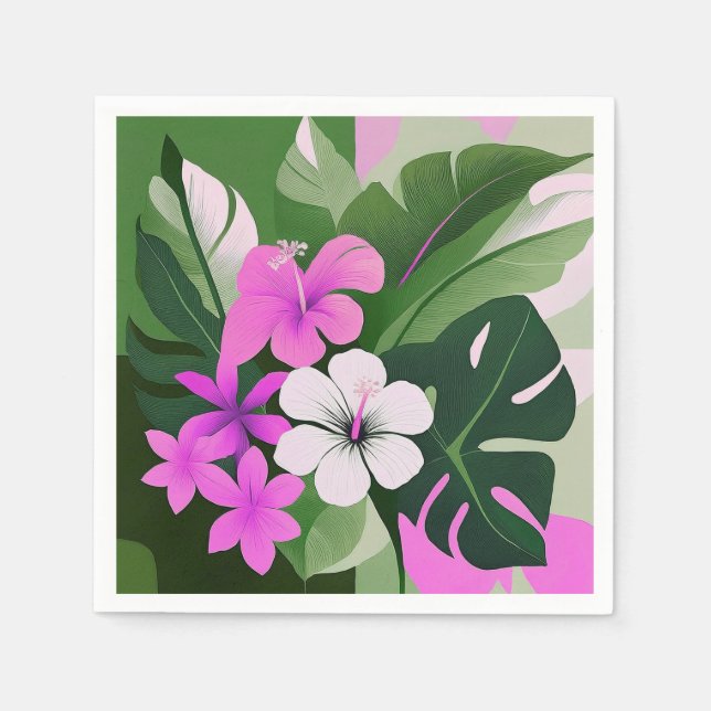 Mid-Century Modern Hawaiian Hibiscus and Plumeria Napkin (Front)