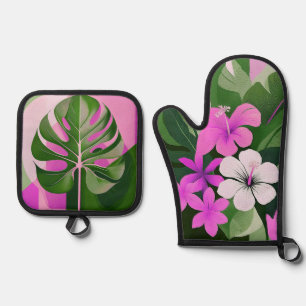 Mid-Century Modern Hawaiian Hibiscus and Plumeria Oven Mitt & Pot Holder Set