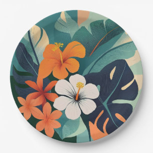 Mid-Century Modern Hawaiian Hibiscus and Plumeria Paper Plate