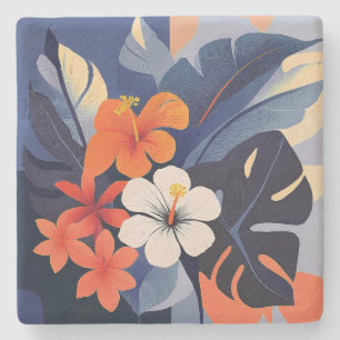 Mid-Century Modern Hawaiian Hibiscus and Plumeria Stone Coaster