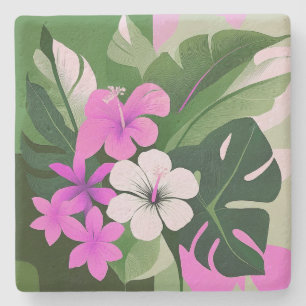 Mid-Century Modern Hawaiian Hibiscus and Plumeria Stone Coaster