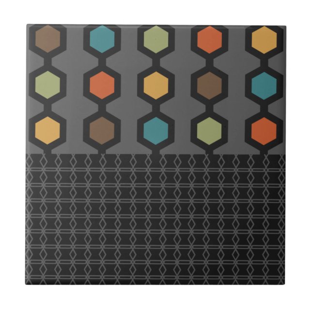 Mid Century Modern Hexagons Black Colourful Ceramic Tile (Front)