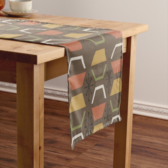Mid Century Modern Hexagons Brown Short Table Runner (In Situ)