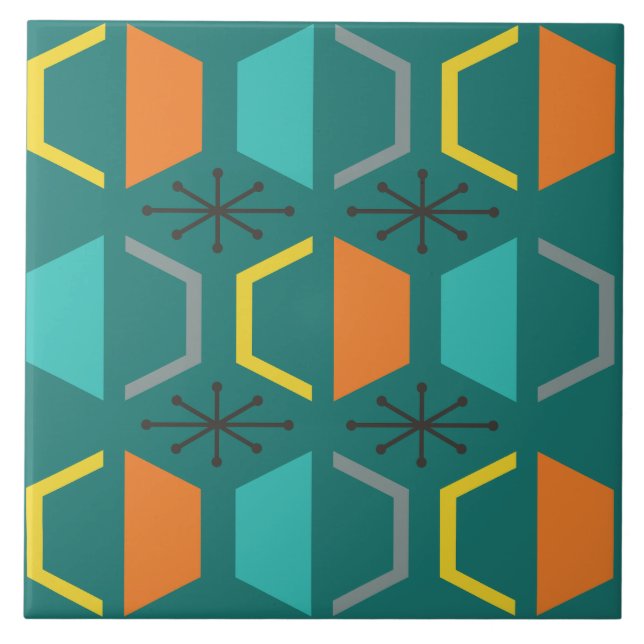 Mid Century Modern Hexagons Teal Ceramic Tile (Front)