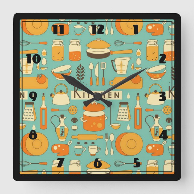 Mid-Century Modern Hipster Kitchen Utensils Square Wall Clock (Front)