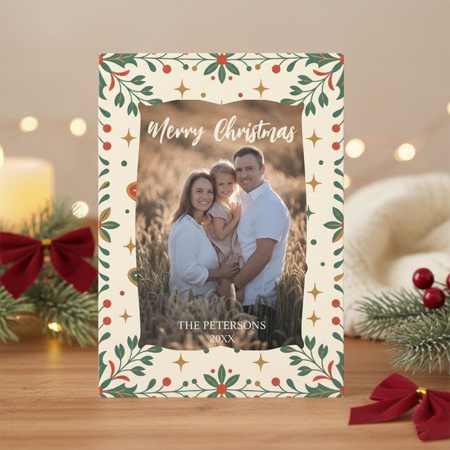 Mid-Century Modern Holly Photo Family Holiday Card (Creator Uploaded)