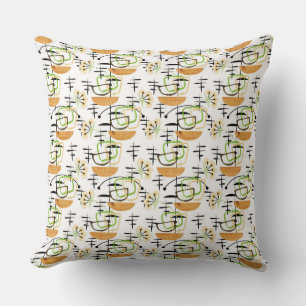 Mid-Century Modern Houseplants Green, Gold Retro Cushion