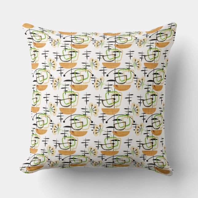 Mid-Century Modern Houseplants | Green, Gold Retro Cushion (Front)