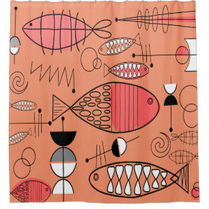 Mid-Century Modern Kitschy Fish Art Shower Curtain