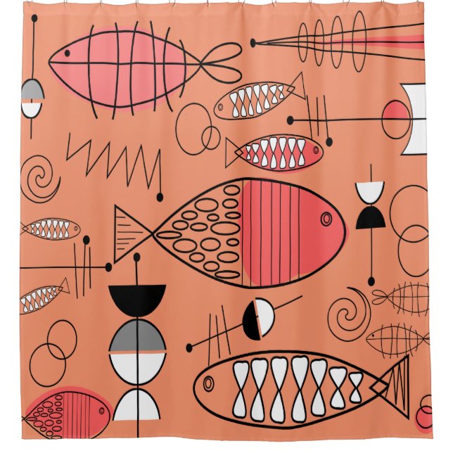 Mid-Century Modern Kitschy Fish Art Shower Curtain (Front)