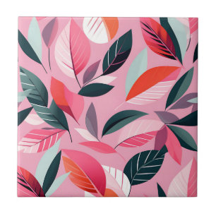Mid Century Modern Leaf Pattern in Bold Pink Ceramic Tile