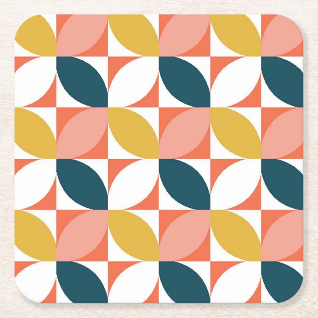Mid-Century Modern Leaf Pattern Square Paper Coaster (Front)
