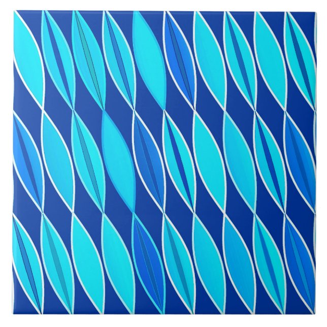 Mid Century Modern Leaves, Cobalt and Sky Blue Ceramic Tile (Front)