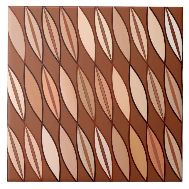 Mid Century Modern Leaves, Cocoa Brown and Beige Ceramic Tile (Front)