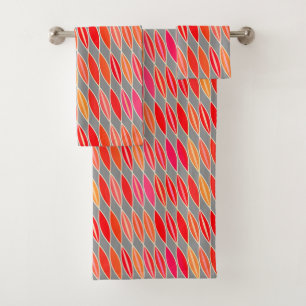 Mid Century Modern Leaves, Coral Orange and Gray Bath Towel Set