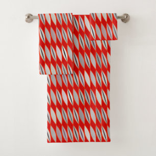 Mid Century Modern Leaves,  Dark Red & Grey / Grey Bath Towel Set