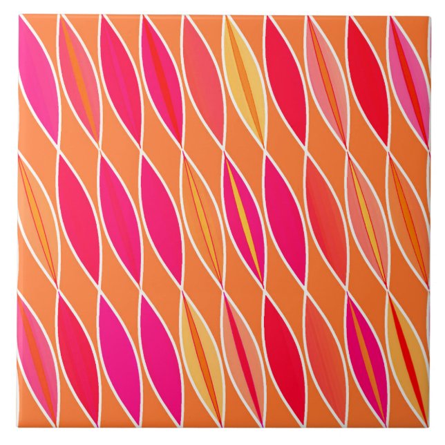 Mid Century Modern Leaves, Fuchsia Pink and Orange Ceramic Tile (Front)
