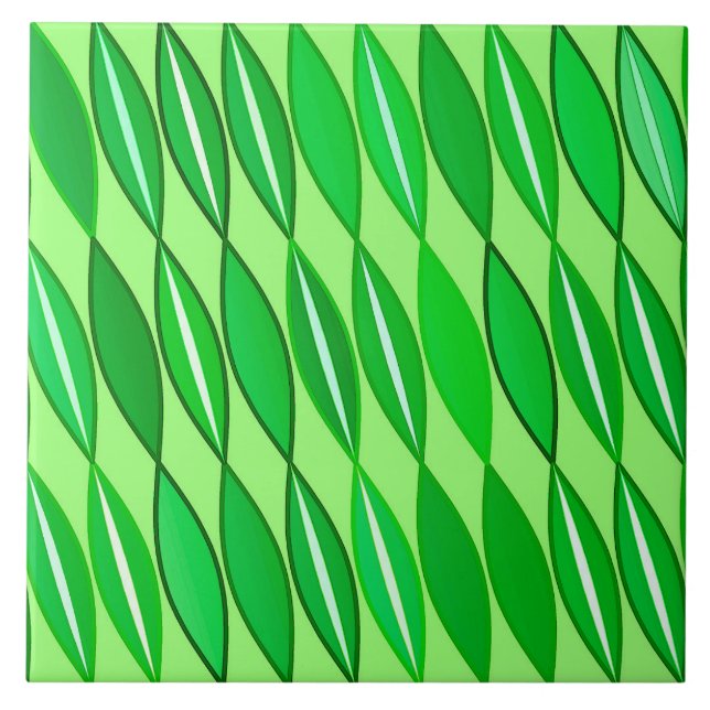 Mid Century Modern Leaves, Lime and Emerald Green Ceramic Tile (Front)