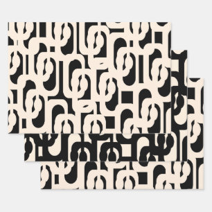 Mid Century Modern Loop Pattern in Black and Cream Wrapping Paper Sheet