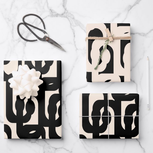 Mid Century Modern Loop Pattern in Black and Cream Wrapping Paper Sheet (Front)