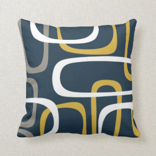 Mid-Century Modern Loops Pattern Mustard Navy Blue Cushion